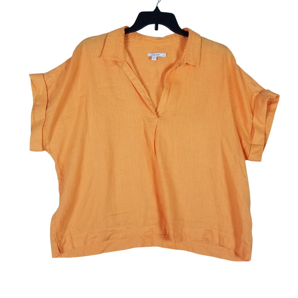 Chico's Linen Blouse Women 3 Orange Short Sleeve Cuffed V-Neck Pullover Top